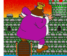 Image animée de roi en mauve dansant devant forteresse.