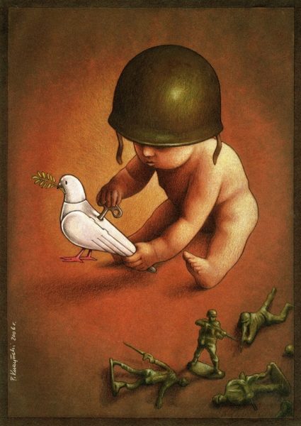 Image symbolique pour promotion de la Paix avec enfant casqué remontant colombe.