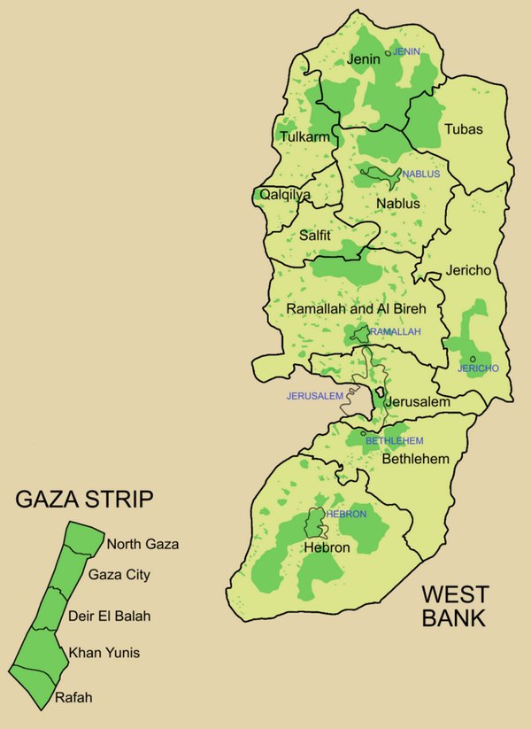 Carte de la Palestine occupe montrant en vert zones non controles par Isral.