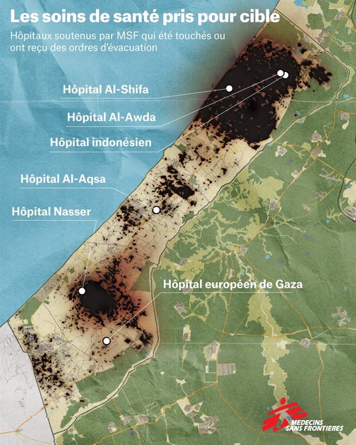Carte montrant zones bombardes et implantation hpitaux  Gaza.