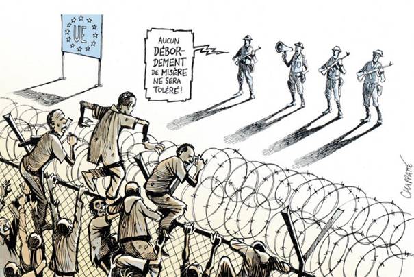 Dessin de migrants escaladant barbels face  troupe de UE.