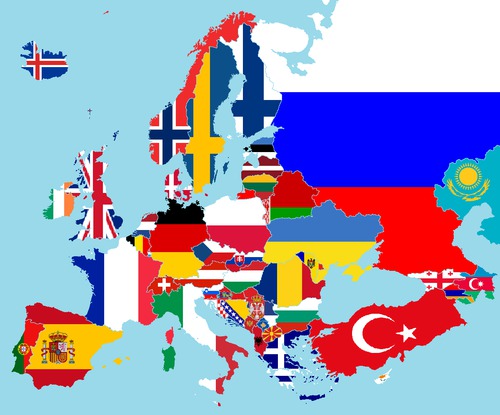 Carte stylise du continent europen avec drapeaux nationaux.