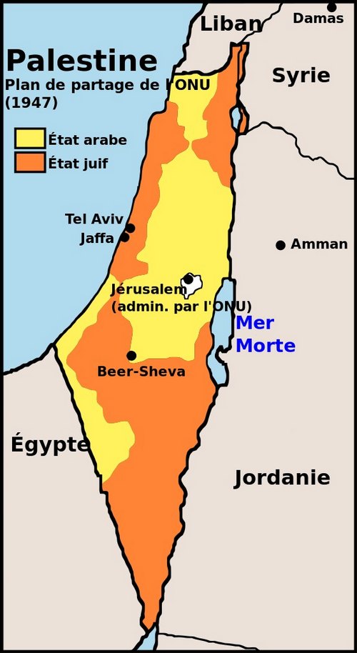 Carte du partage de la Palestine mandataire par l'ONU en 1947.