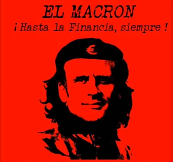 Image humoristique de E. Macron, militant et laudateur de la Finance.