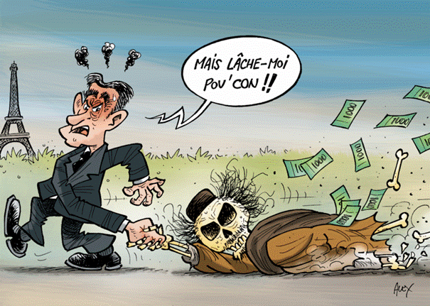 Image humoristique ridiculisant Nicolas Sarkozy, tracass par l'affaire du financement libyen.