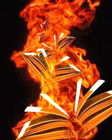 Image symbolique de livres en feu.