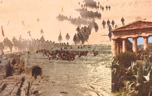 art collage de Benoist Magnat : monuments antiques et troupes en marche