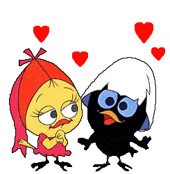 illustration avec personnages de BD : Calimero, petit canard noir, et son amoureuse