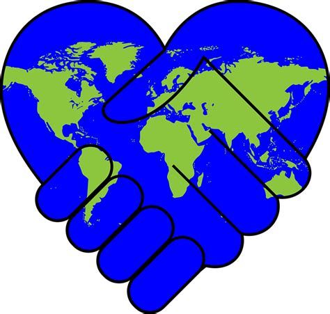 Image de planisphere en forme de coeur et mains serrées.