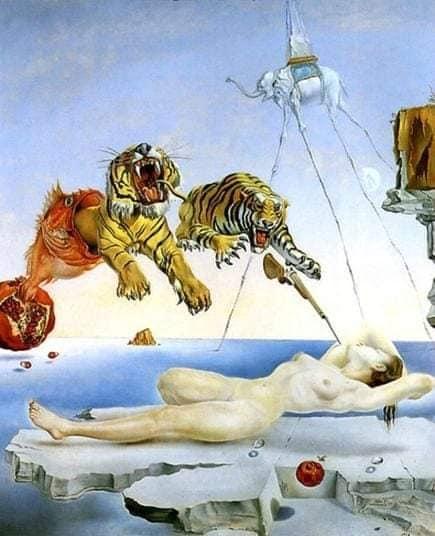 Image art de Salvador-Dali avec tigres et femme nue.