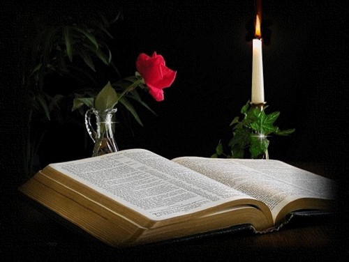 symbole_absence-souvenir, livre ouvert, rose rouge et bougie allumée