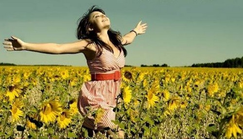 photo de jeune femme heureuse, marchant bras ouverts, dans un champ de tournesols.