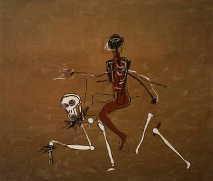 Image d'art reproduisant oeuvre de Basquiat, symbolisant humanit triomphant de la mort.