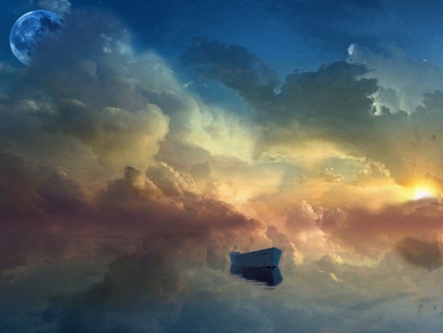Image d'art, représentant barque dans les nuages à l'aurore.
