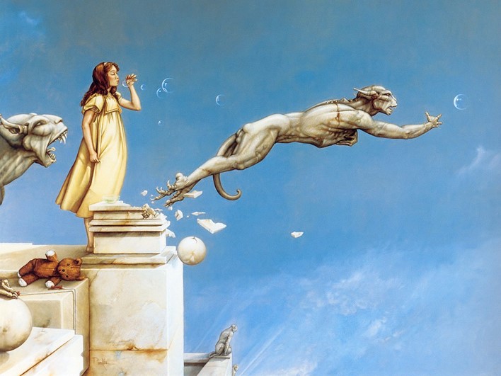 Image d'art, représentant monstre sautant dans le vide devant fillette.