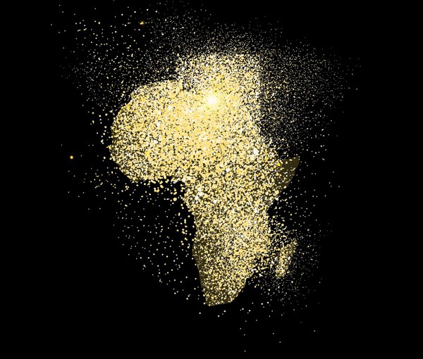 Image du continent africain, lumineux sur fond noir.