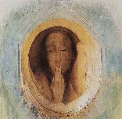 Reproduction d'un pastel d'Odilon Redon, montrant le visage d'une femme pensive dans un ovale.