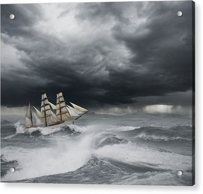 Image grise d'un voilier dans la tempête sur plaque murale.